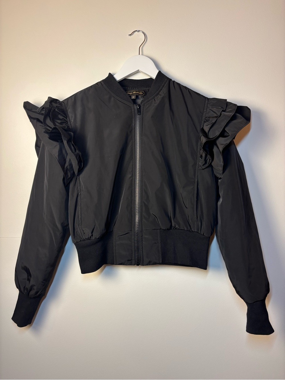 Shop Michelle Vintage Ruffle Shoulder Bomber Jacket - Black, size small - Picture 2 of 13